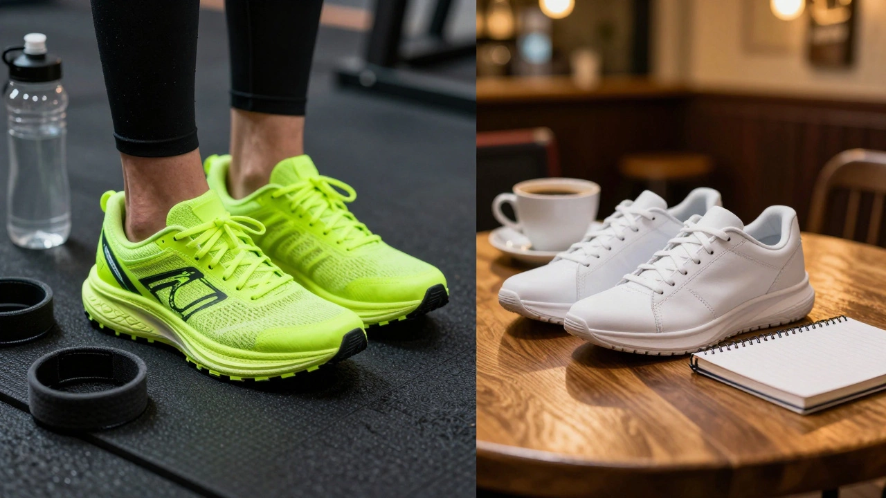 Contrast between neon gym running shoes and white leather sneakers