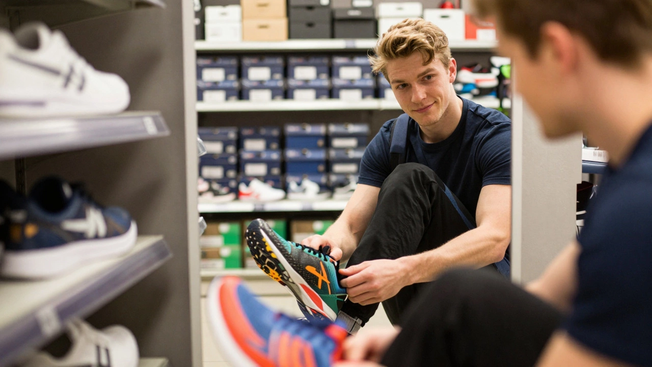 Customer trying on athletic shoes inside an Irish retail store, reflecting local shopping culture.