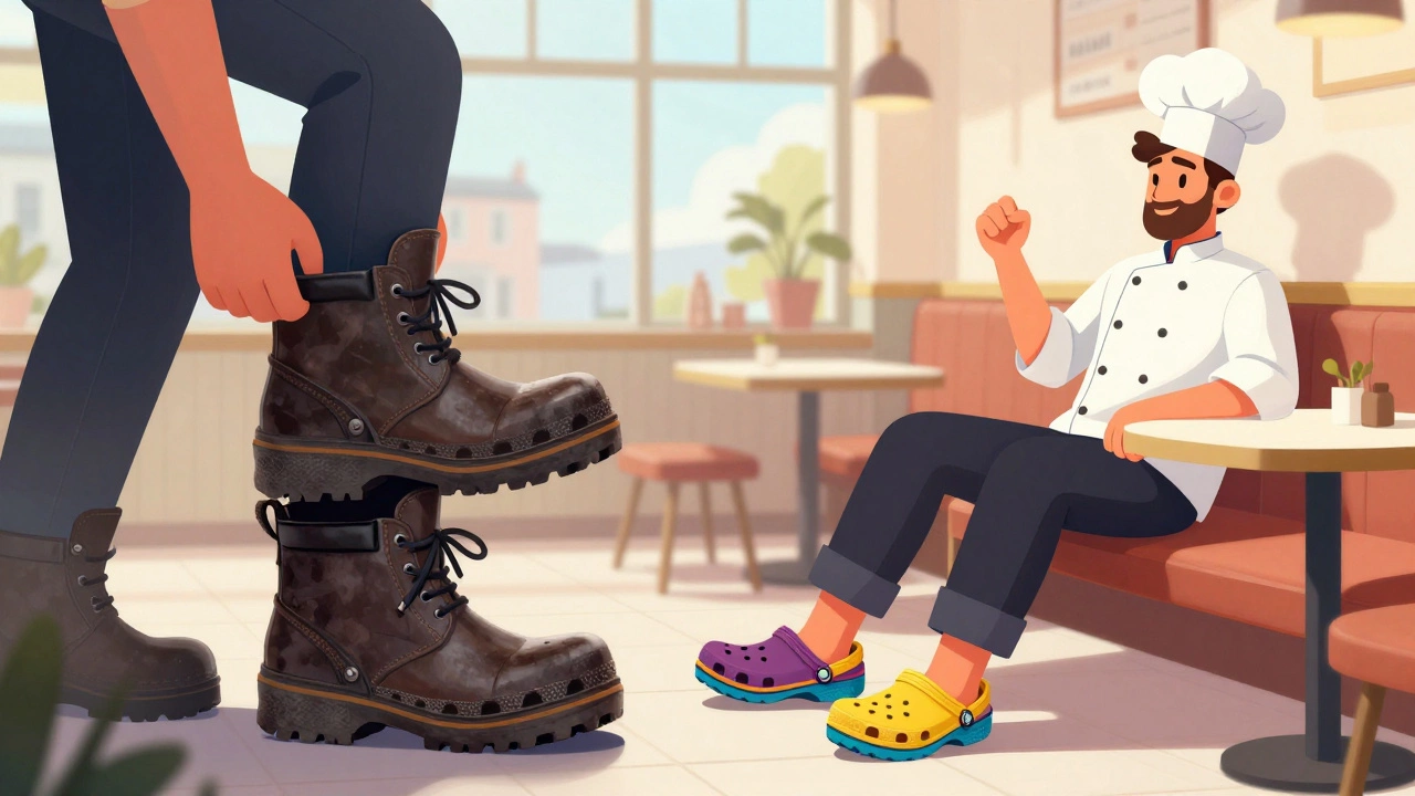Digital art contrasting heavy steel-toed boots with lightweight, comfortable Crocs for chefs.