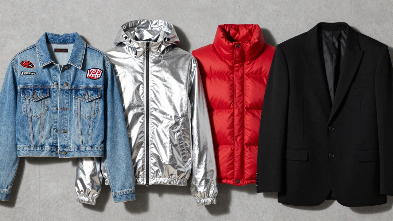 Display of four iconic Y2K jacket styles: denim, metallic, puffer, blazer