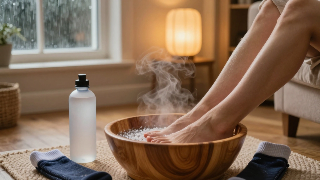 Feet soaking in warm water with Epsom salts for relief