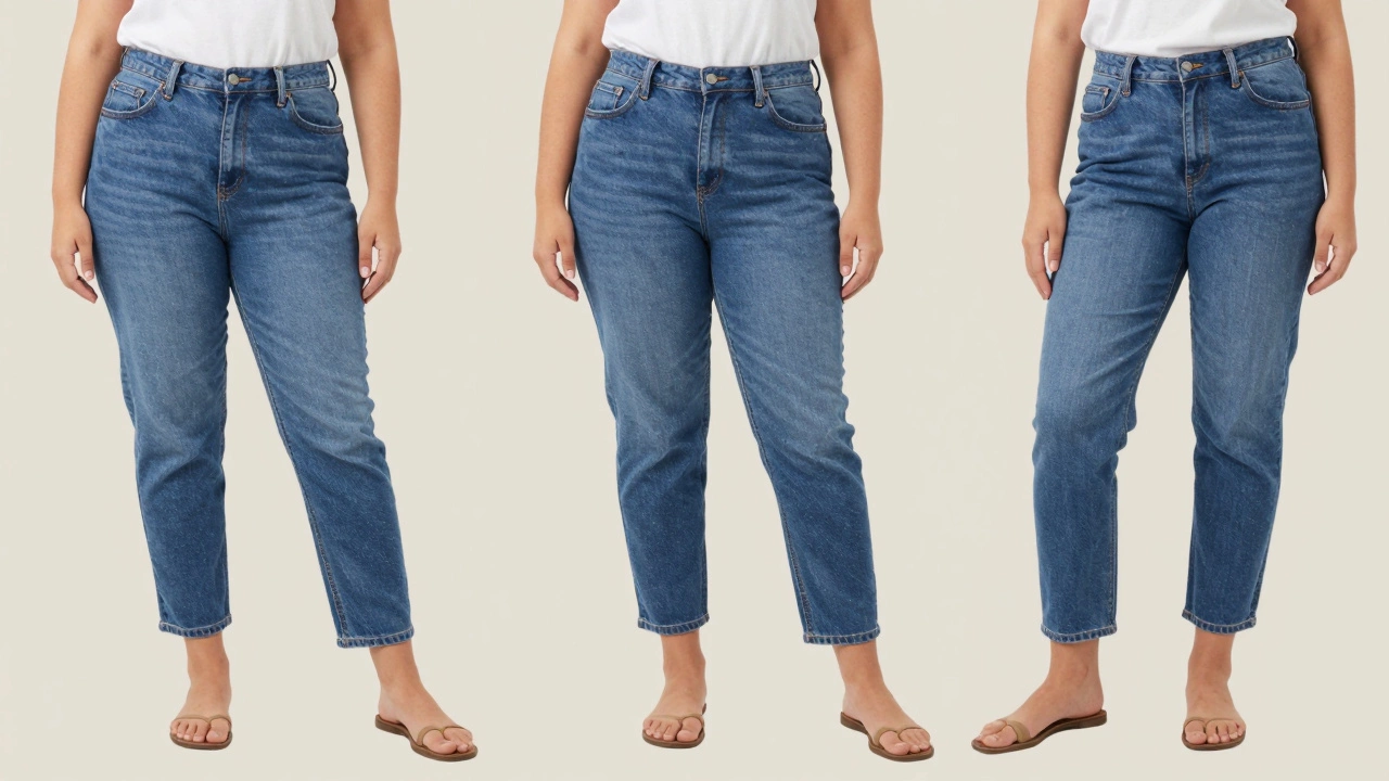 Illustration of mom jeans fitting apple, pear, and hourglass shapes