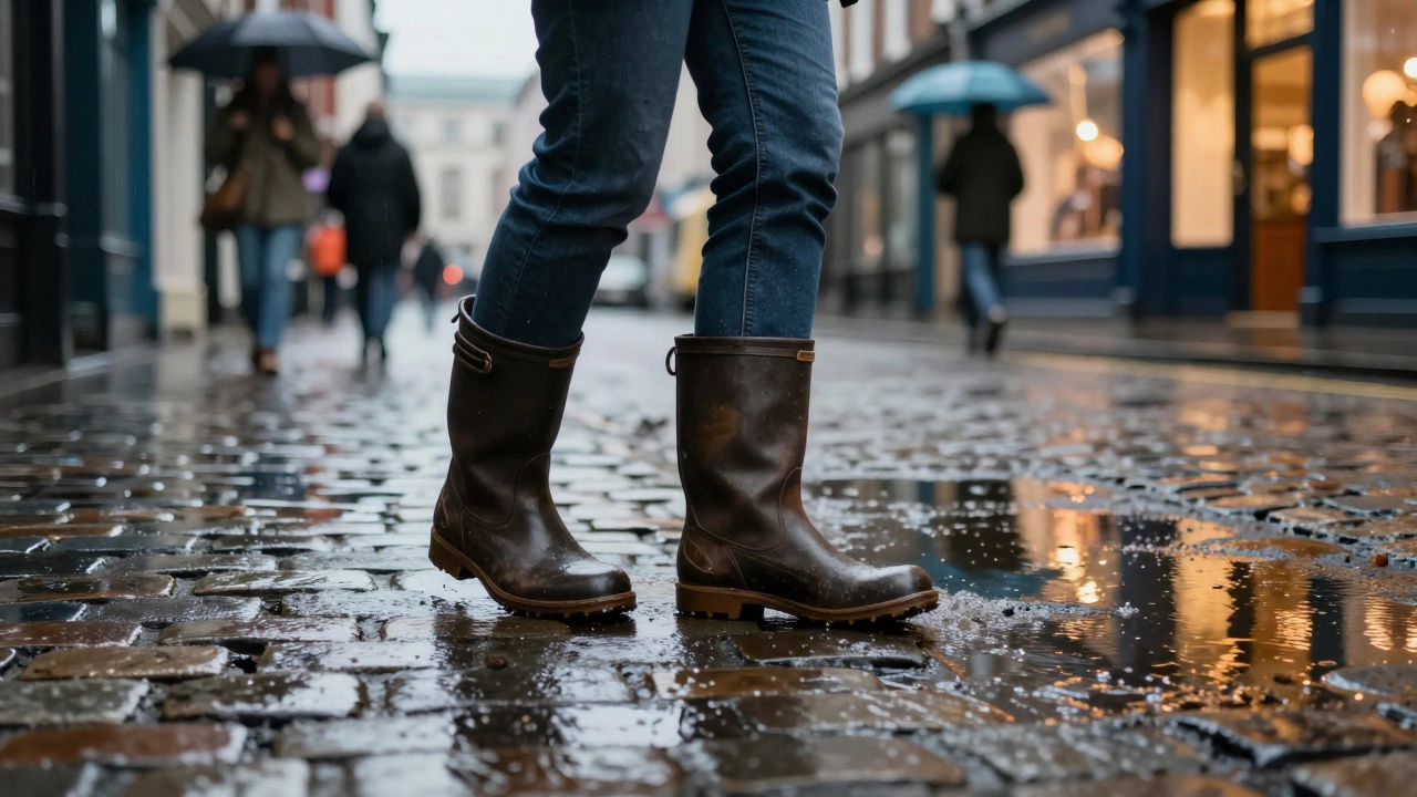 Leather boots stepping on wet cobblestones in rainy Dublin street scene.