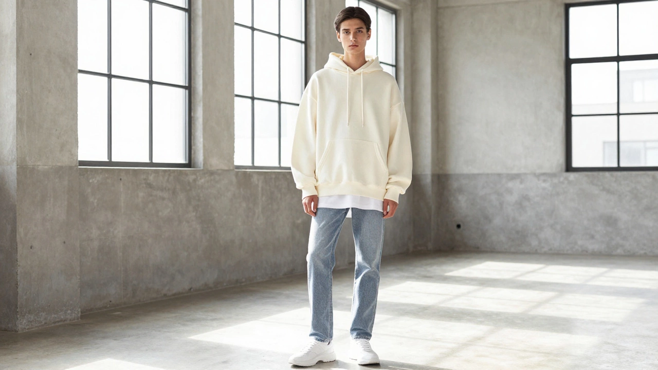 Model wearing cream oversized hoodie with straight-leg jeans