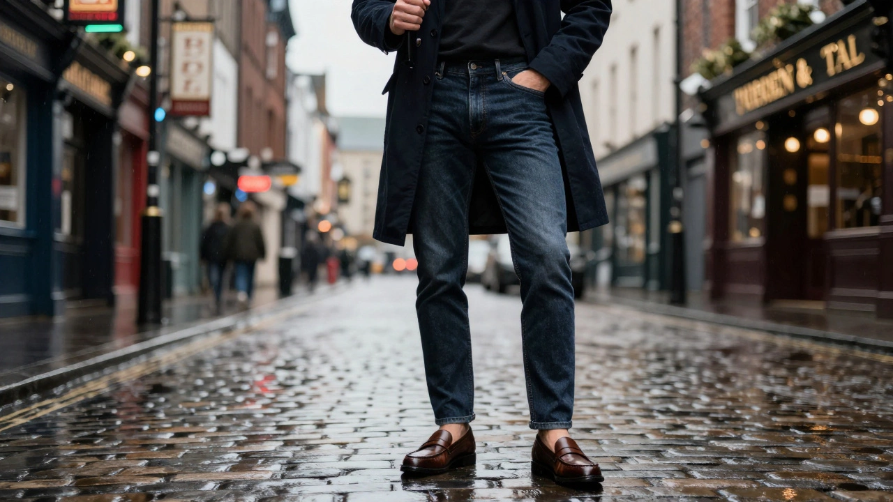 Person wearing fitted raw denim jeans on a rainy Irish city street