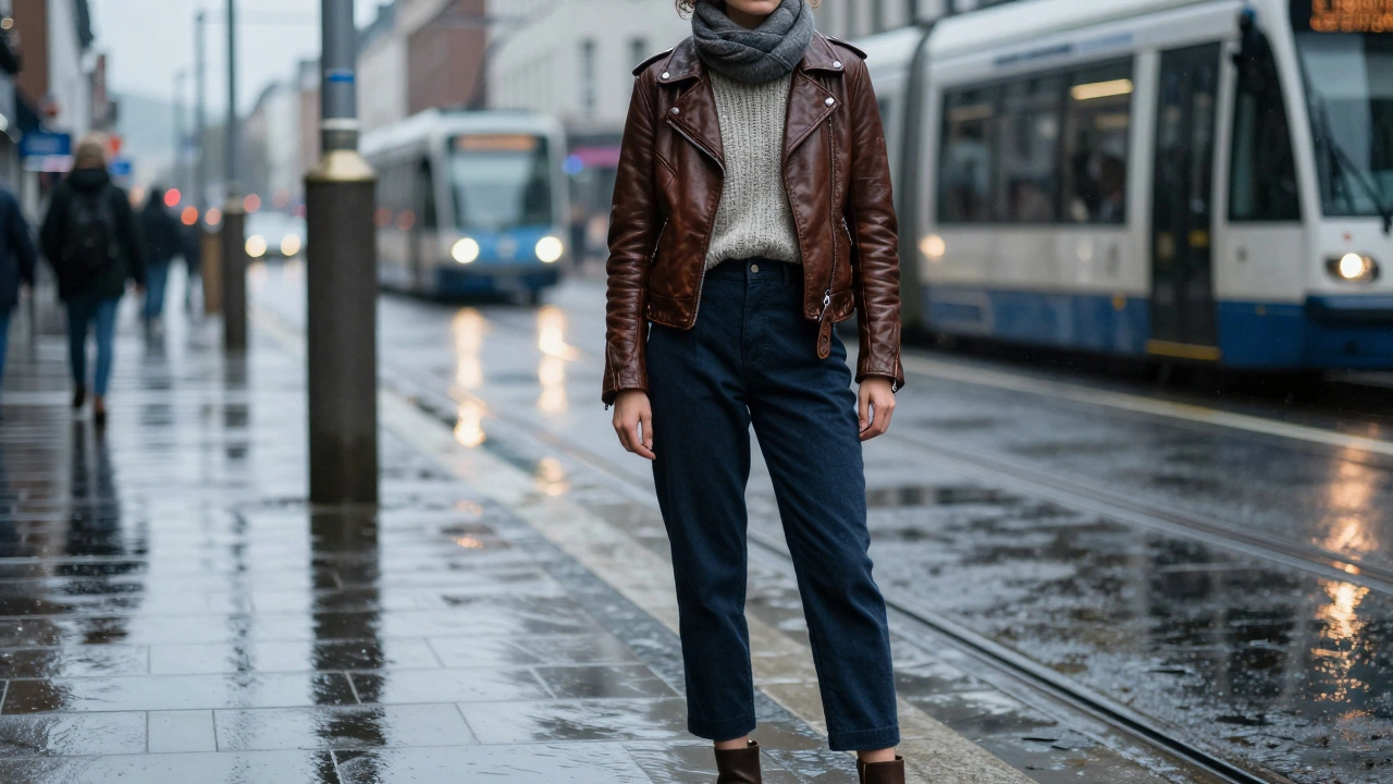 Person wearing layered vintage jacket and sweater on rainy Dublin street