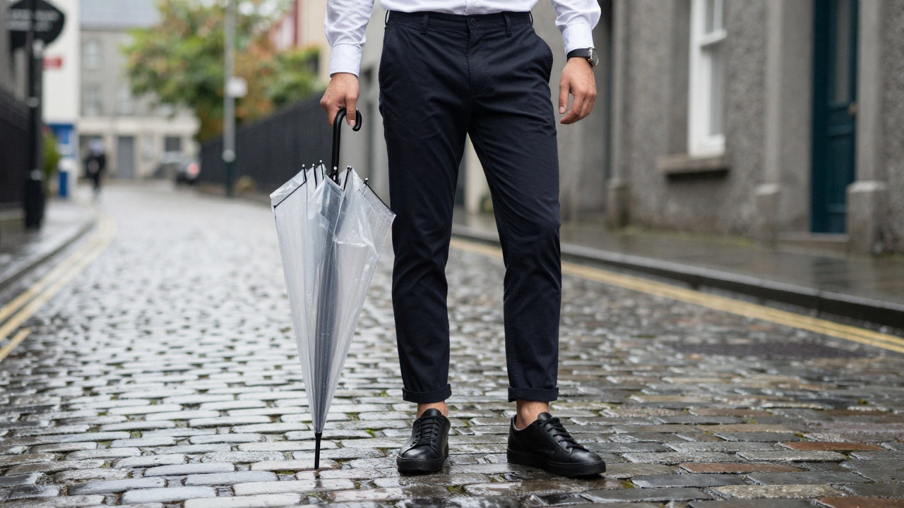 Professional in smart casual outfit with leather sneakers in rain