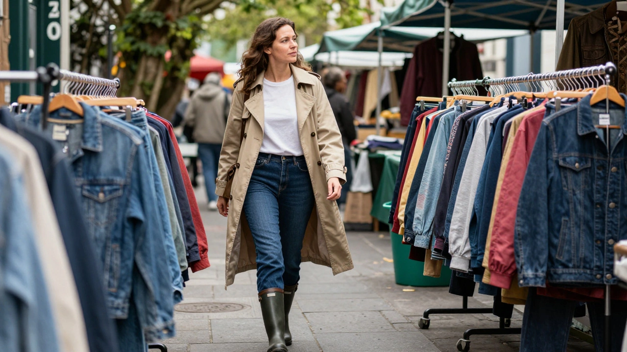 Shopper wearing mom jeans and trench coat at Cork market