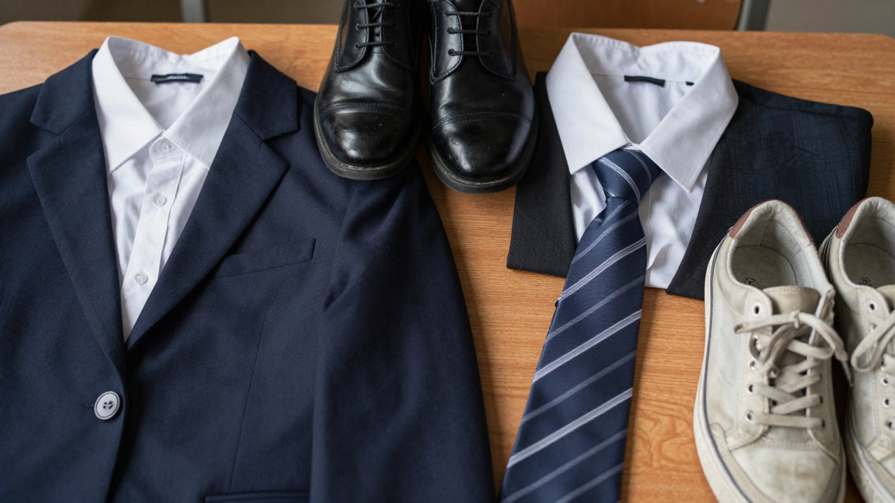 Side-by-side comparison of new versus worn school uniform items highlighting hidden economic disparities.