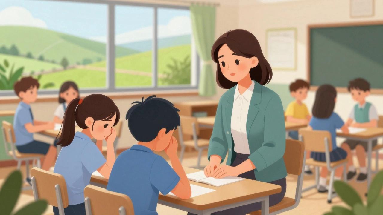 Teacher supporting students in a classroom, illustrating the importance of school culture over dress codes.