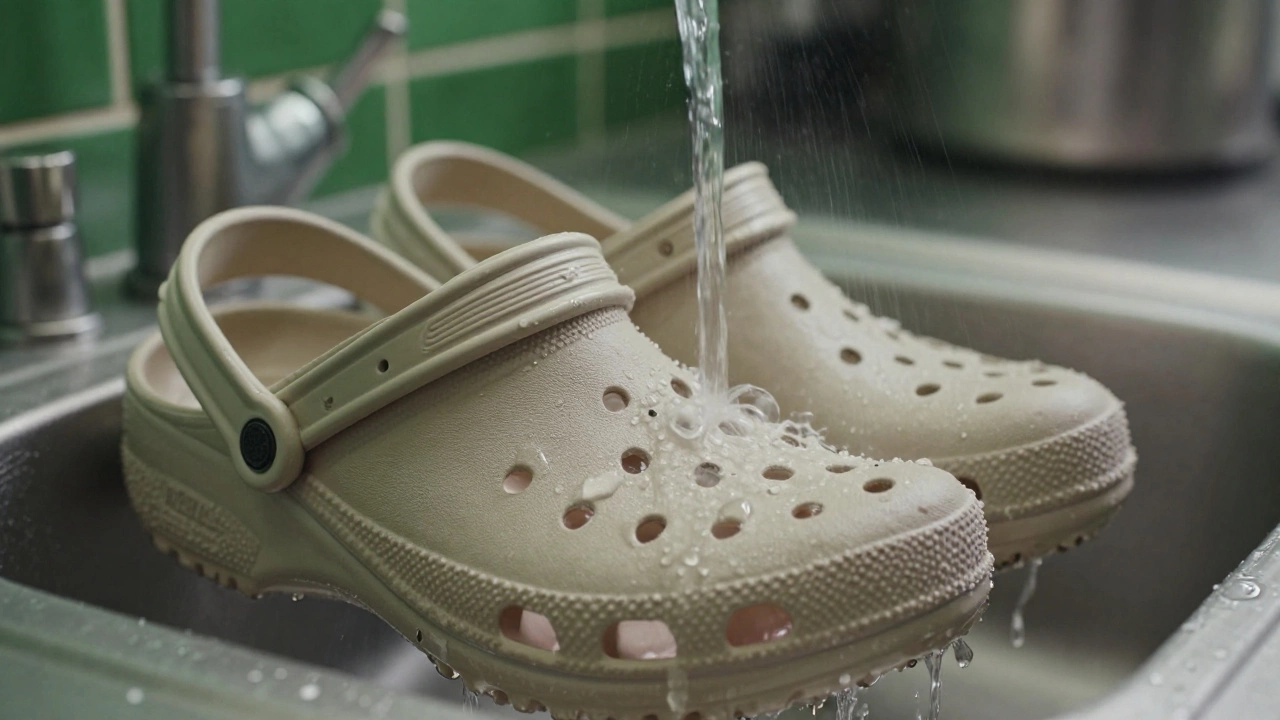 Water beading on beige Crocs Work shoes as they are rinsed in a commercial kitchen sink.