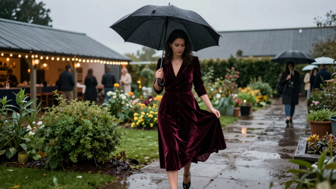 Woman in a midi dress avoiding mud at a rainy Irish garden wedding