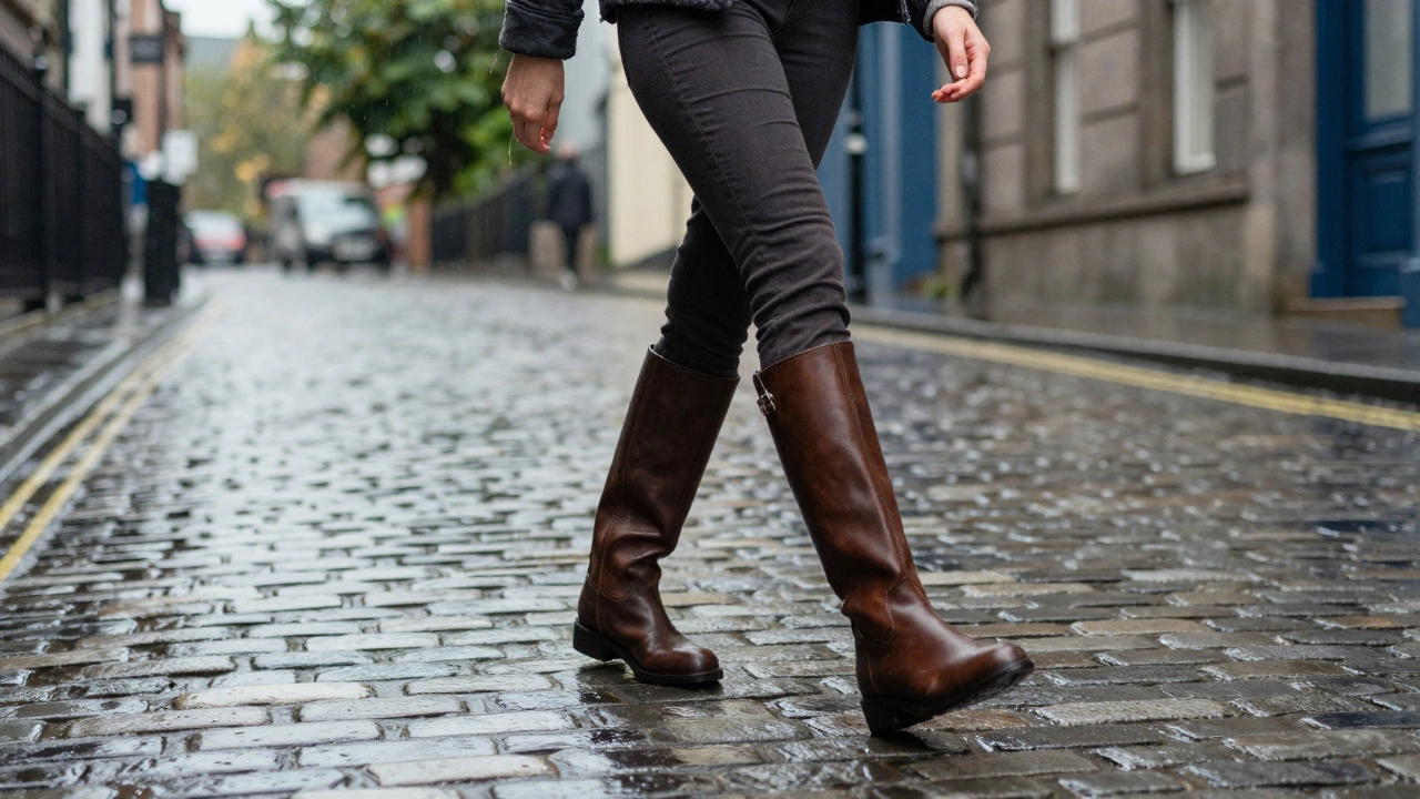 Woman walking comfortably on wet Irish cobblestones