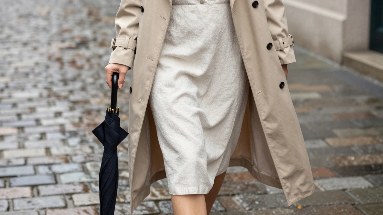 Chic layered outfit with trench coat on wet cobblestones