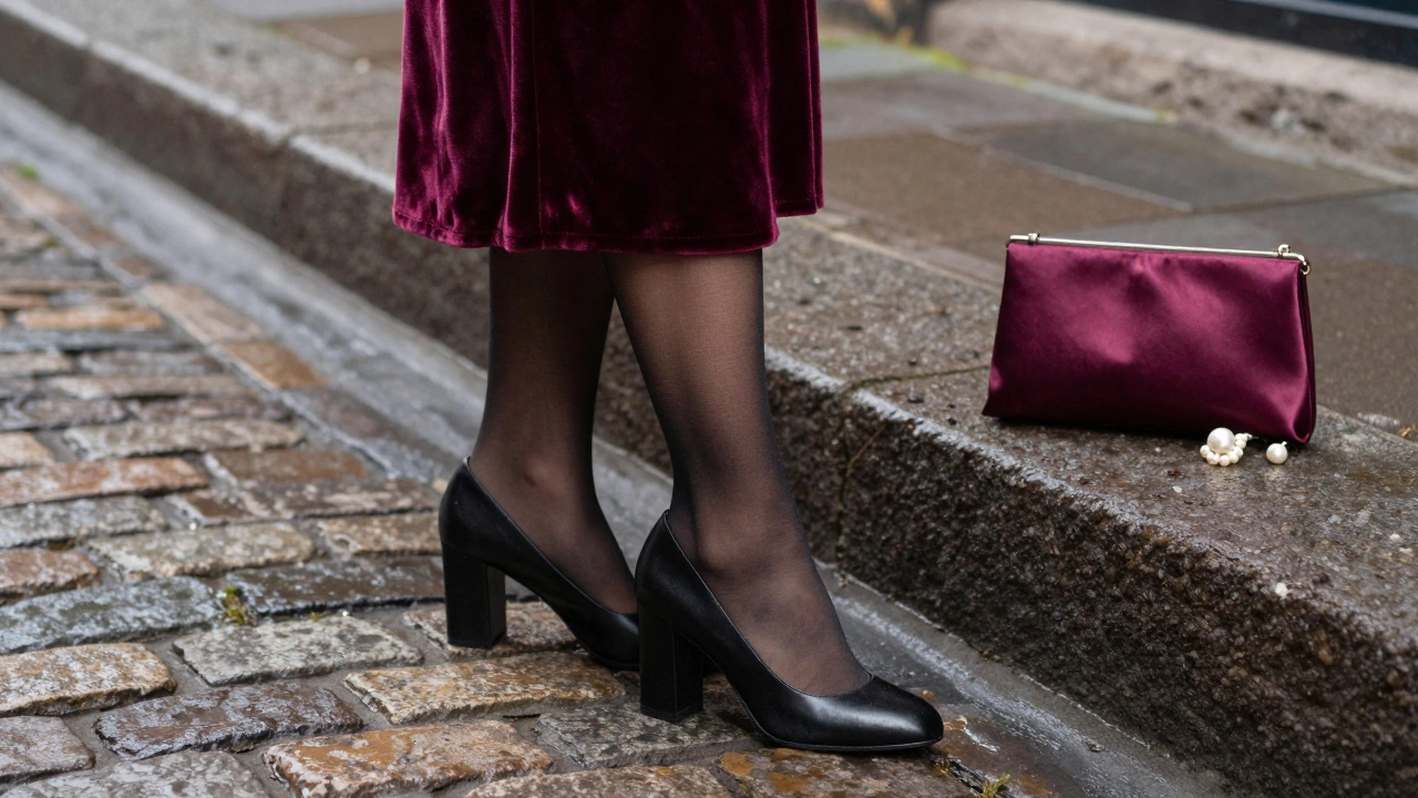 Close-up of block heels, velvet dress hem, and clutch on cobblestones