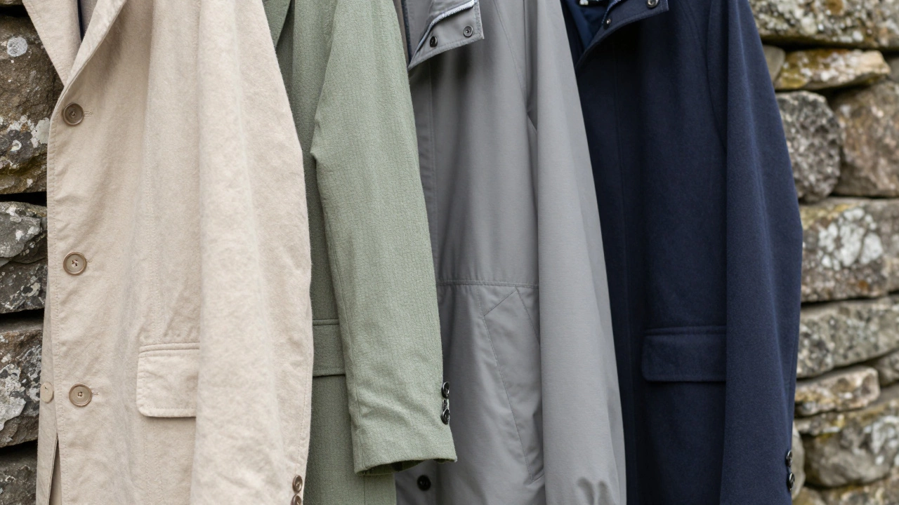 Close-up of breathable summer jacket fabrics like linen and cotton on stone