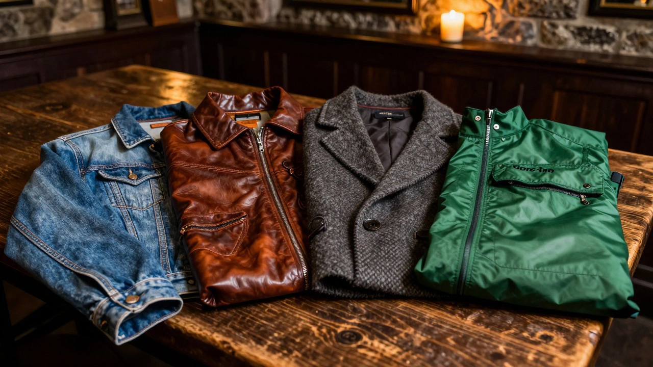 Close-up of denim, leather, wool, and tech jacket fabrics on a table