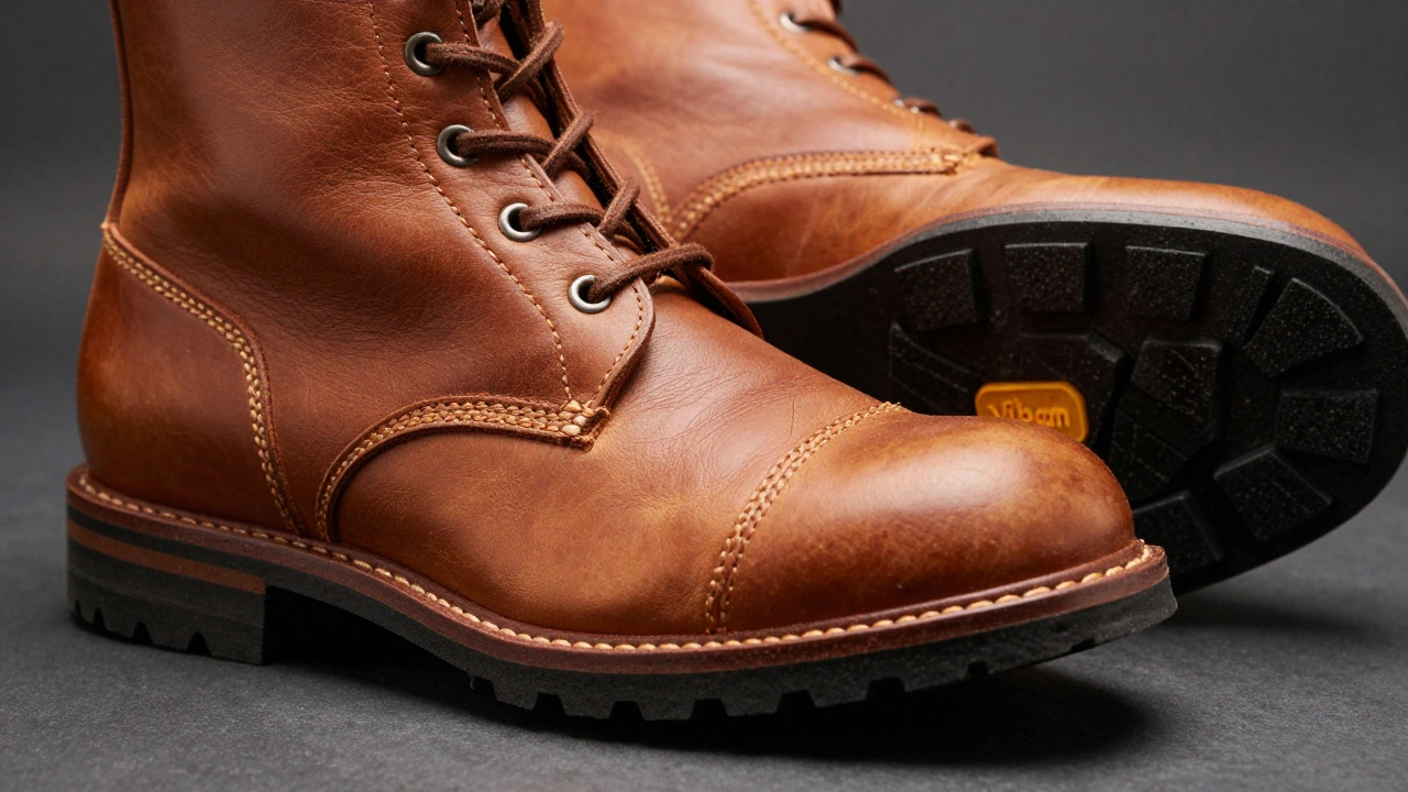 Close-up of durable leather boot texture and rugged rubber sole