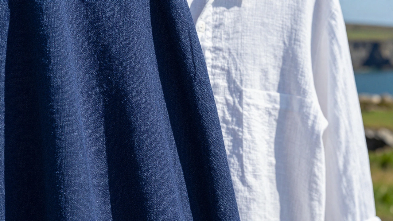 Close-up of navy cotton vs white linen fabric textures