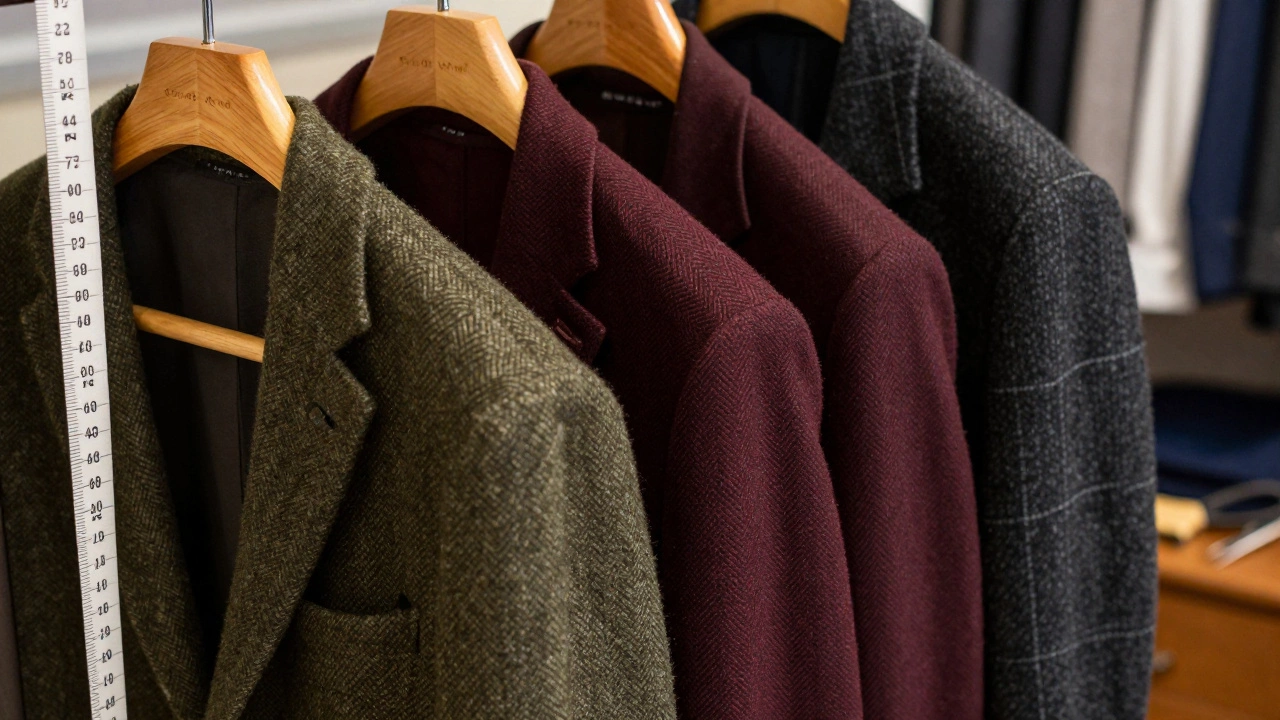 Close-up of olive tweed and burgundy herringbone suit fabrics