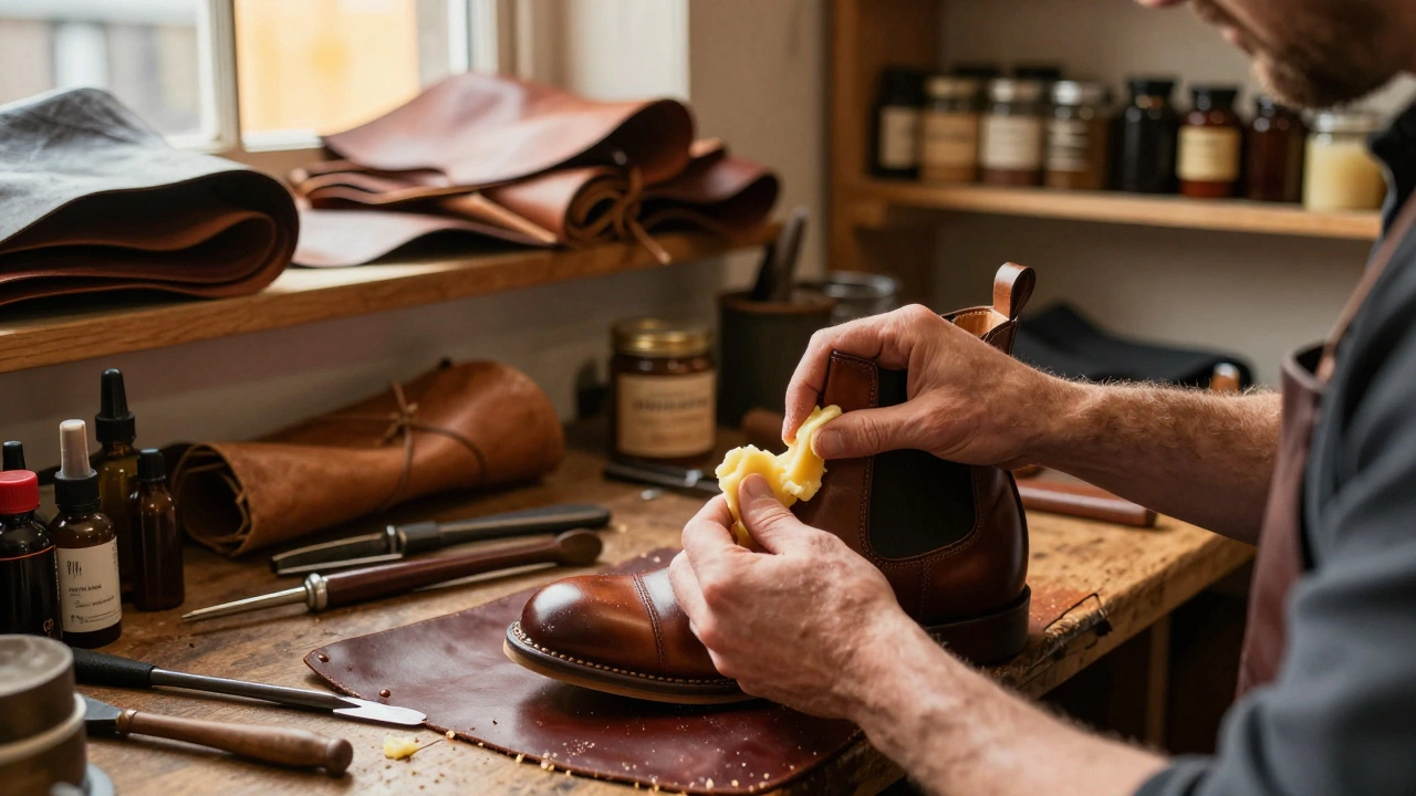 Cobbler applying beeswax conditioner to leather Chelsea boot