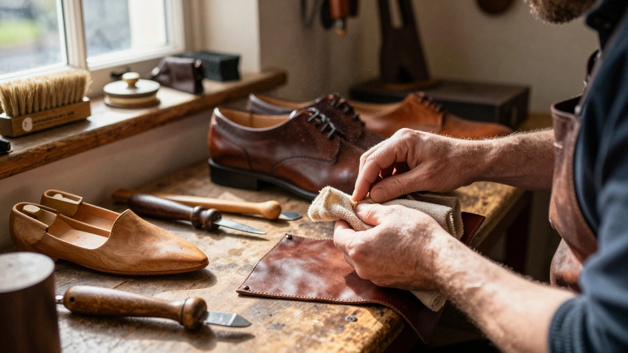 Cobbler conditioning leather shoes in a workshop