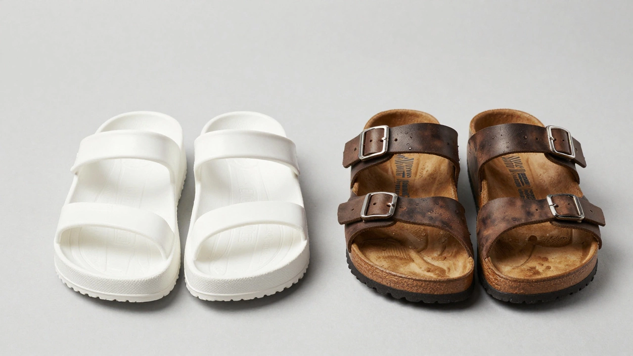 Comparison of plastic chanclas and leather sandals on grey background