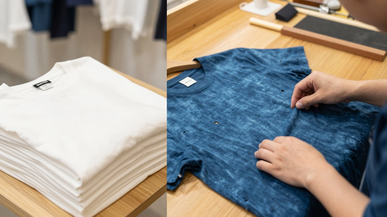 Contrast between mass-produced tees and handmade artisanal shirt
