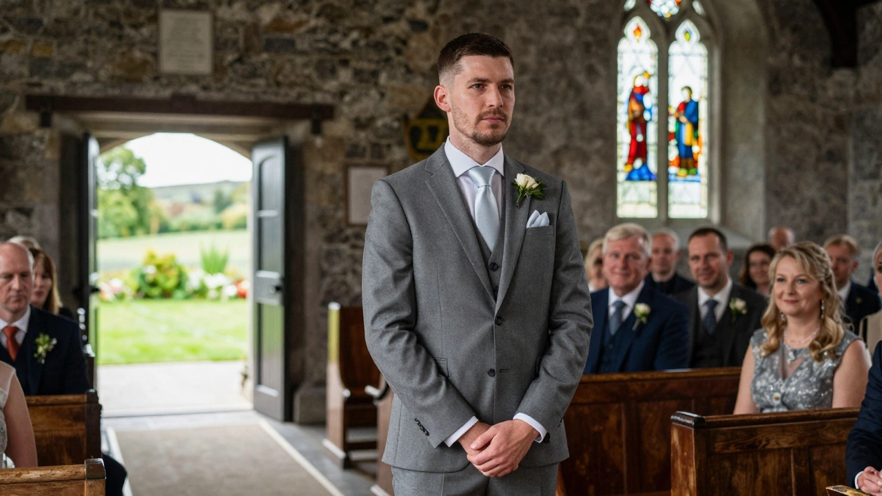 Groom in grey suit at rustic Irish stone church wedding