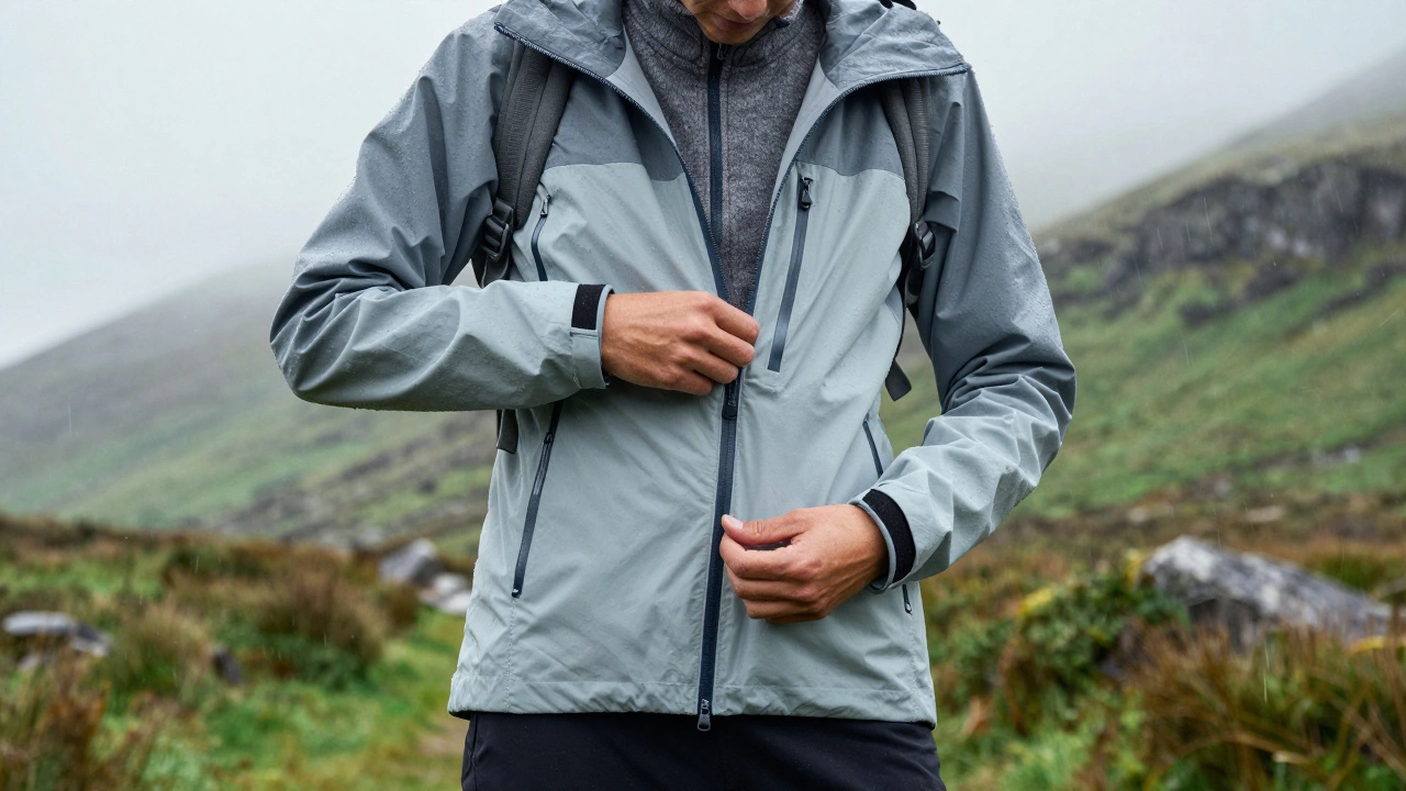 Hiker putting on a waterproof shell jacket in misty Wicklow Mountains