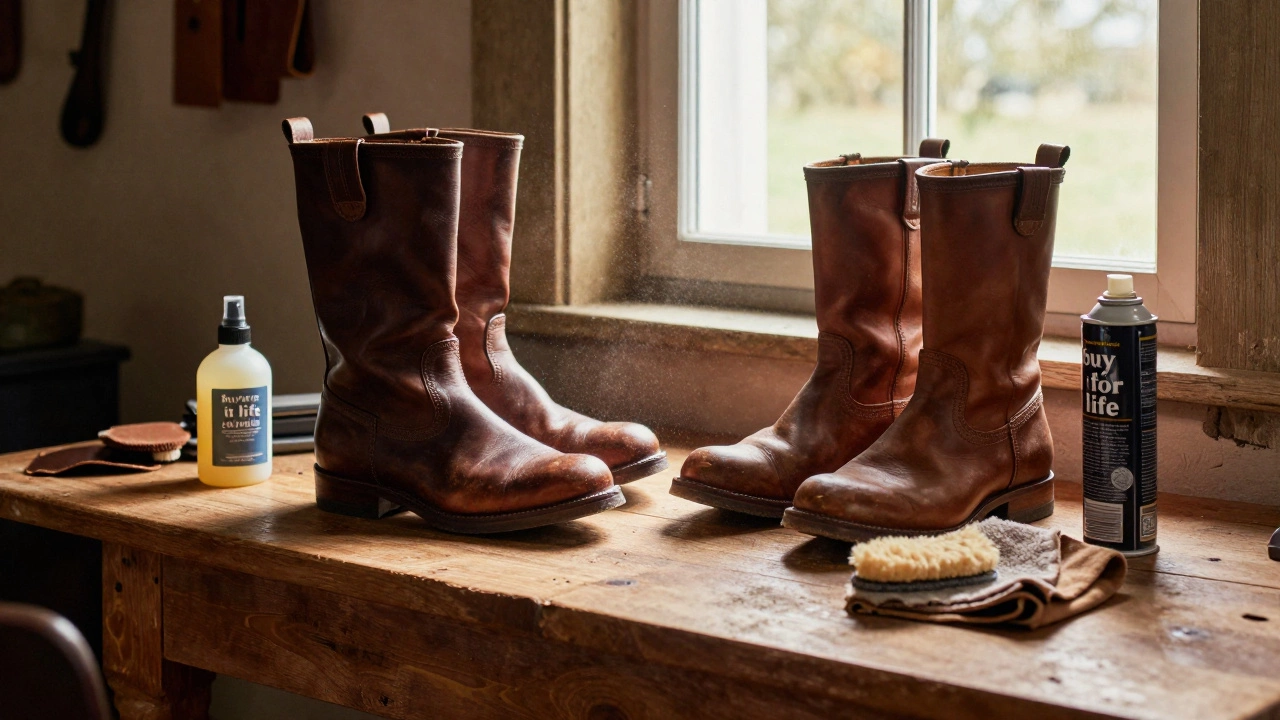 Leather boots being cared for with conditioner and waterproof spray