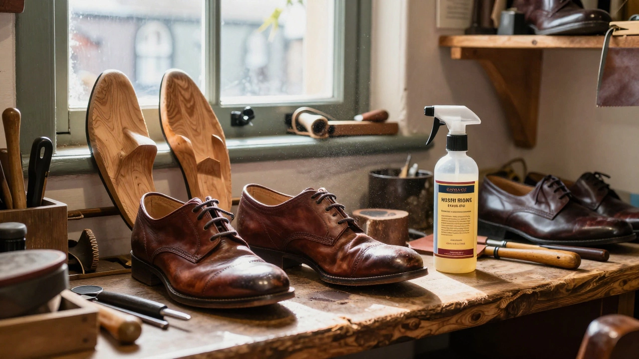 Leather Hush Puppies being maintained with conditioner and shoe trees