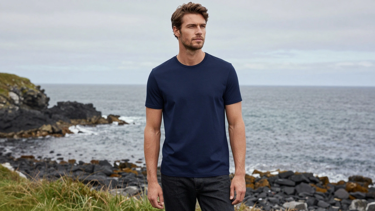 Man in navy blue shirt by Irish Atlantic coast