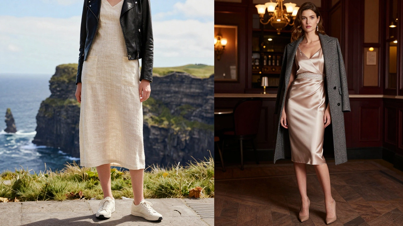 Side-by-side comparison of casual linen dress and elegant cocktail attire