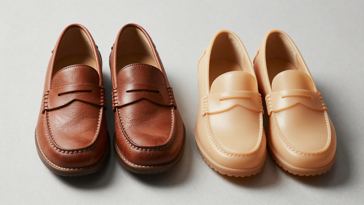 Side-by-side comparison of leather vs synthetic Hush Puppies uppers