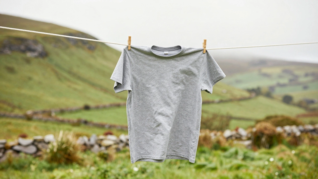T-shirt air drying on line with green hills