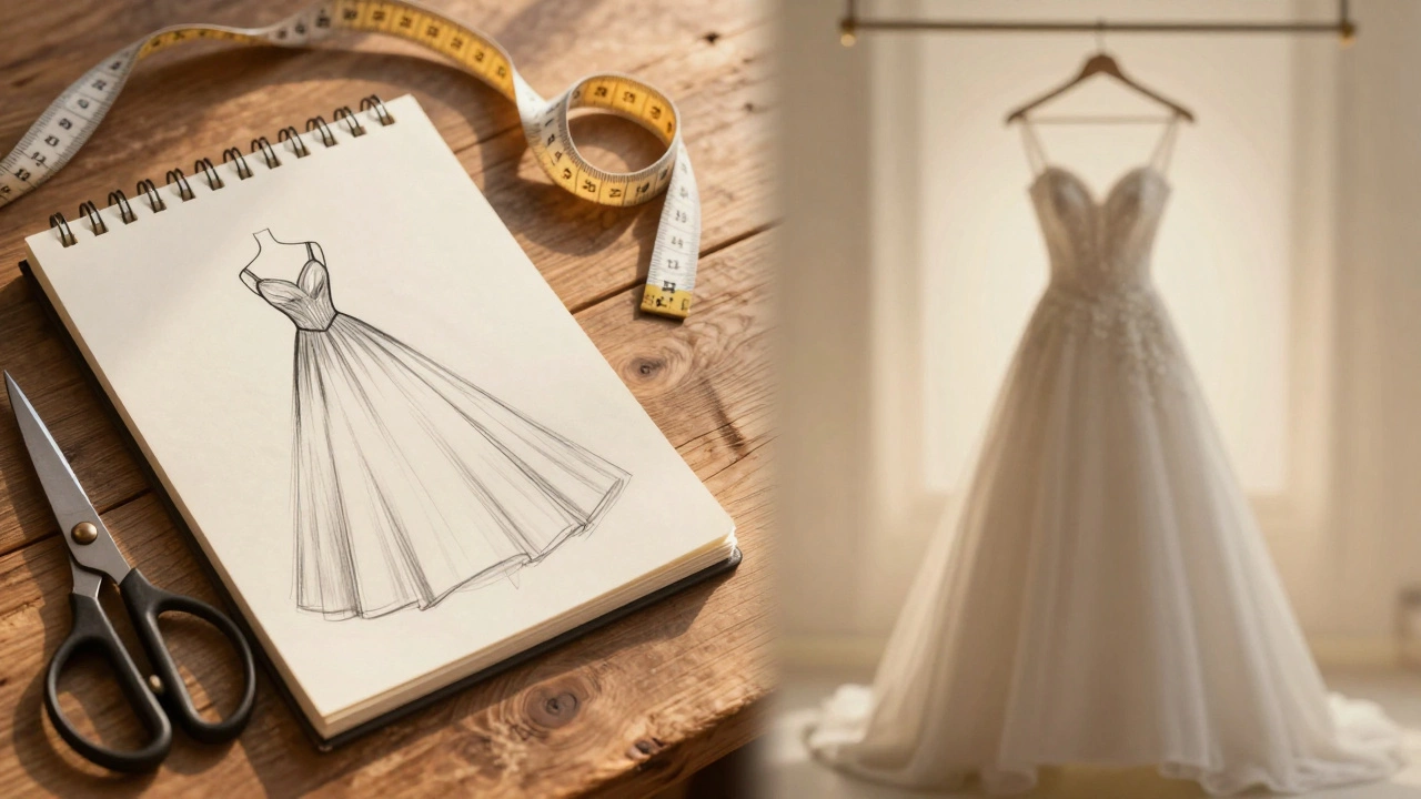 Tailor's tools and sketches on a wooden table symbolizing bespoke dress creation.