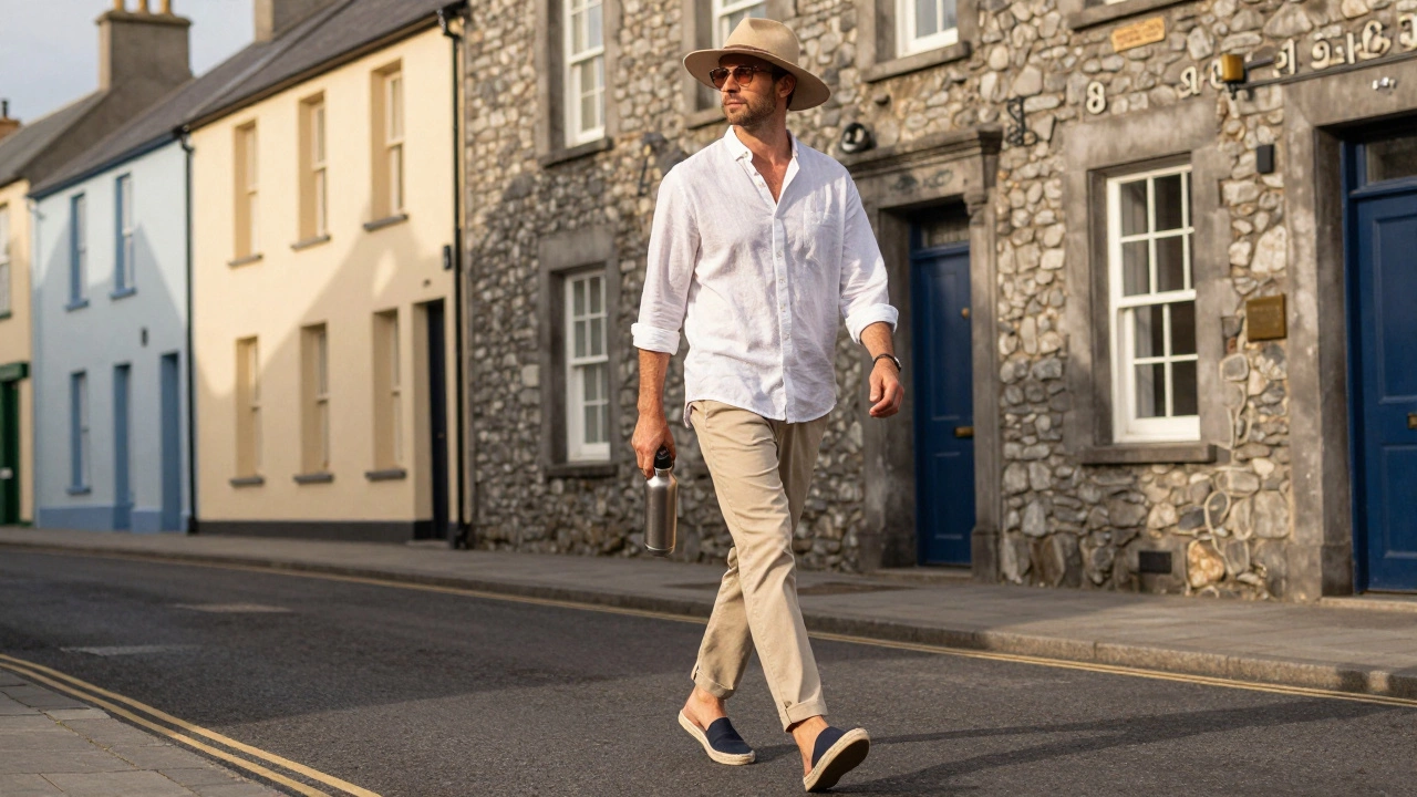 Woman in beige chinos and chambray shirt walking in Ireland