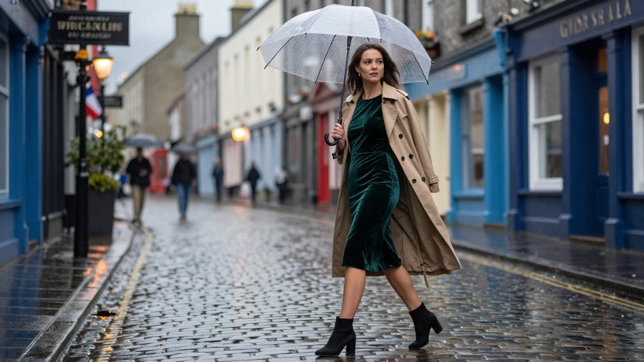 Woman in velvet cocktail dress and coat walking in rainy Galway streets
