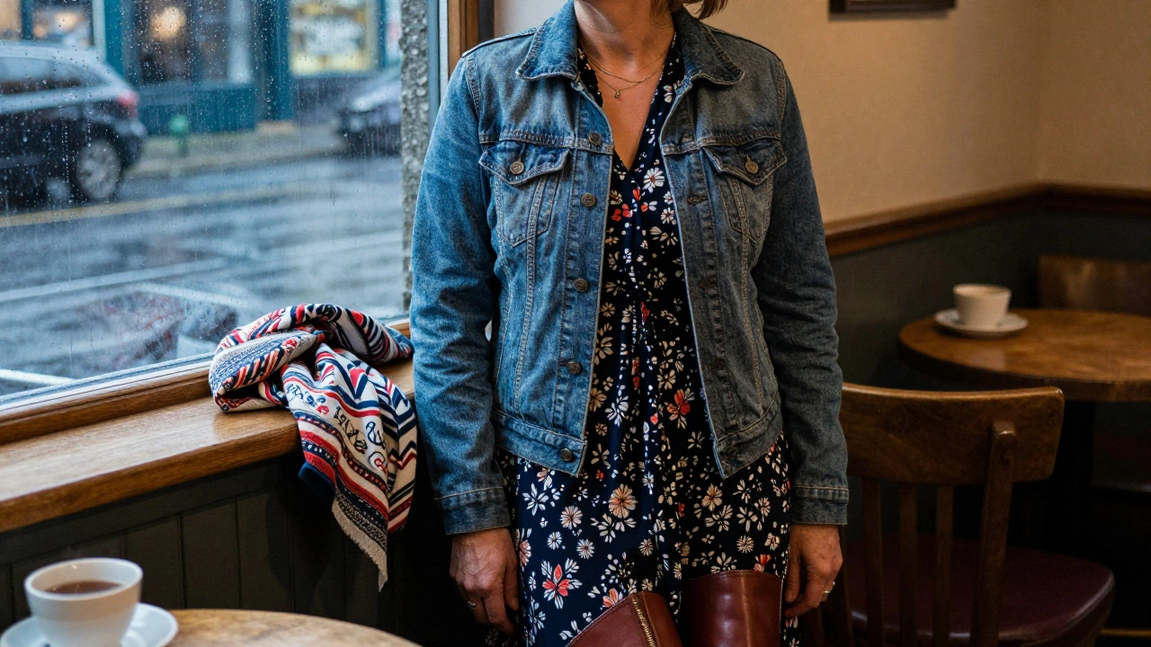 Woman layering a denim jacket over a dress in a rainy Irish cafe