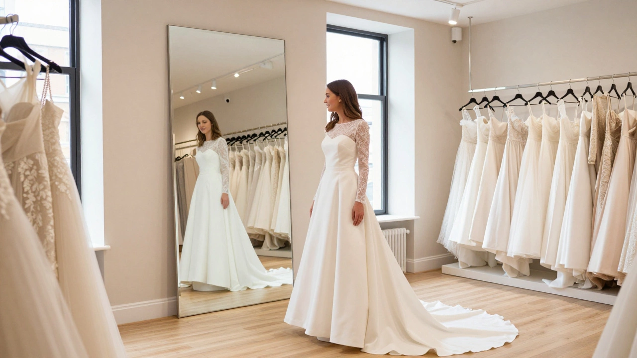 Woman trying on a modest, long-sleeved wedding dress in a bright Dublin boutique.