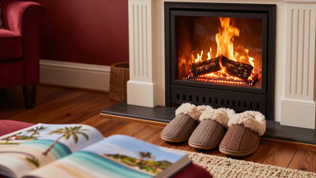 Wool slippers by a fireplace in a cozy Irish living room