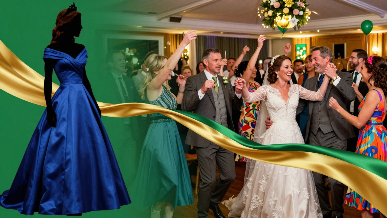Artistic blend of royal elegance and festive Irish wedding celebration.