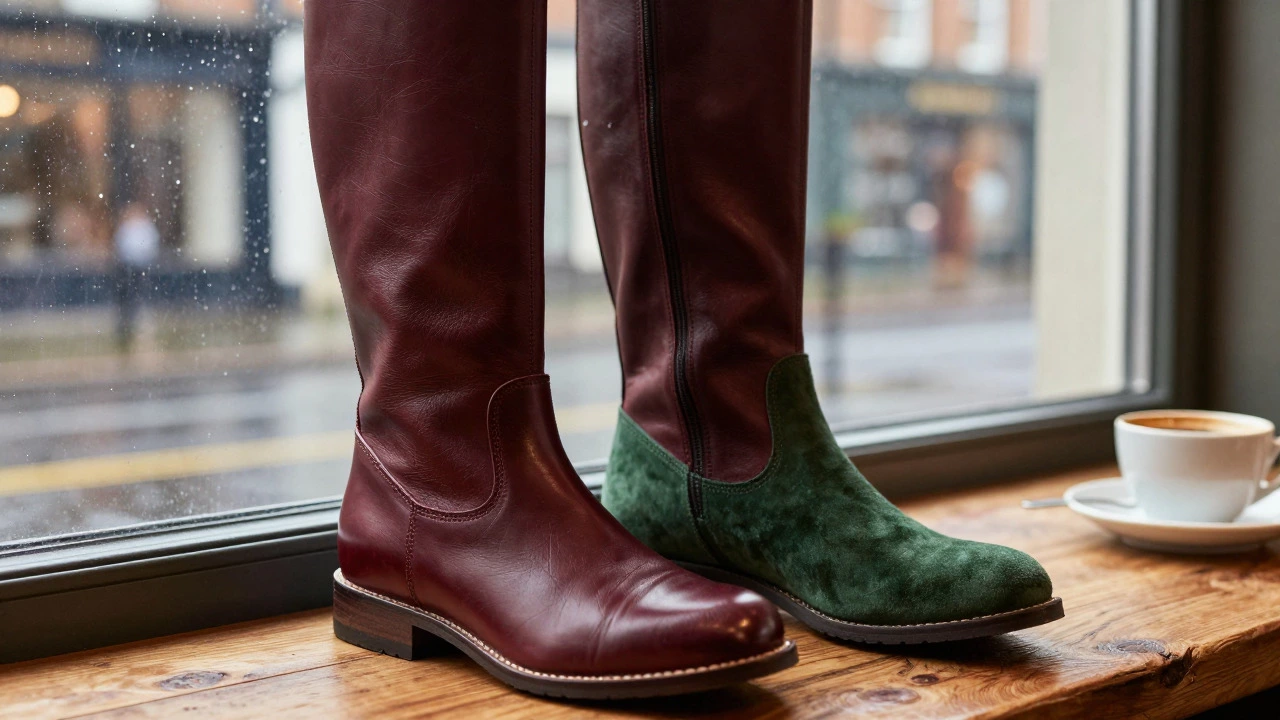 Burgundy leather and green suede boots displayed near a rainy cafe window