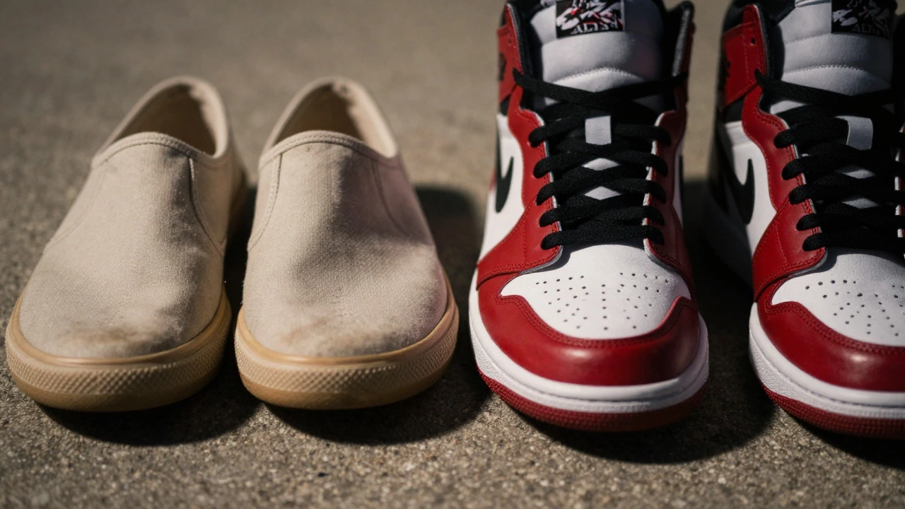 Canvas plimsolls next to limited edition high-top sneakers on concrete surface.