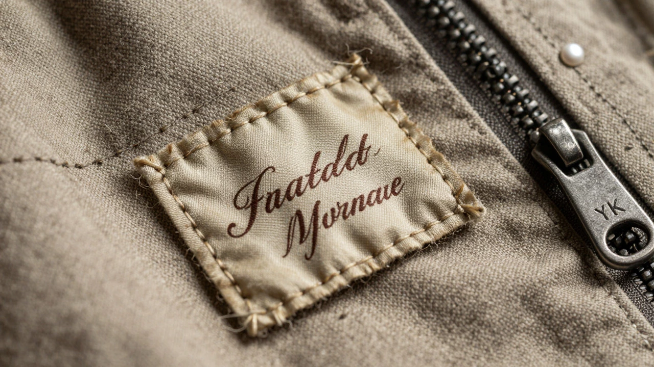 Close-up of old garment labels, chain stitching, and metal zippers