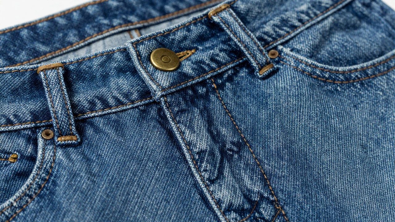 Close-up of sturdy denim stitching and brass rivets
