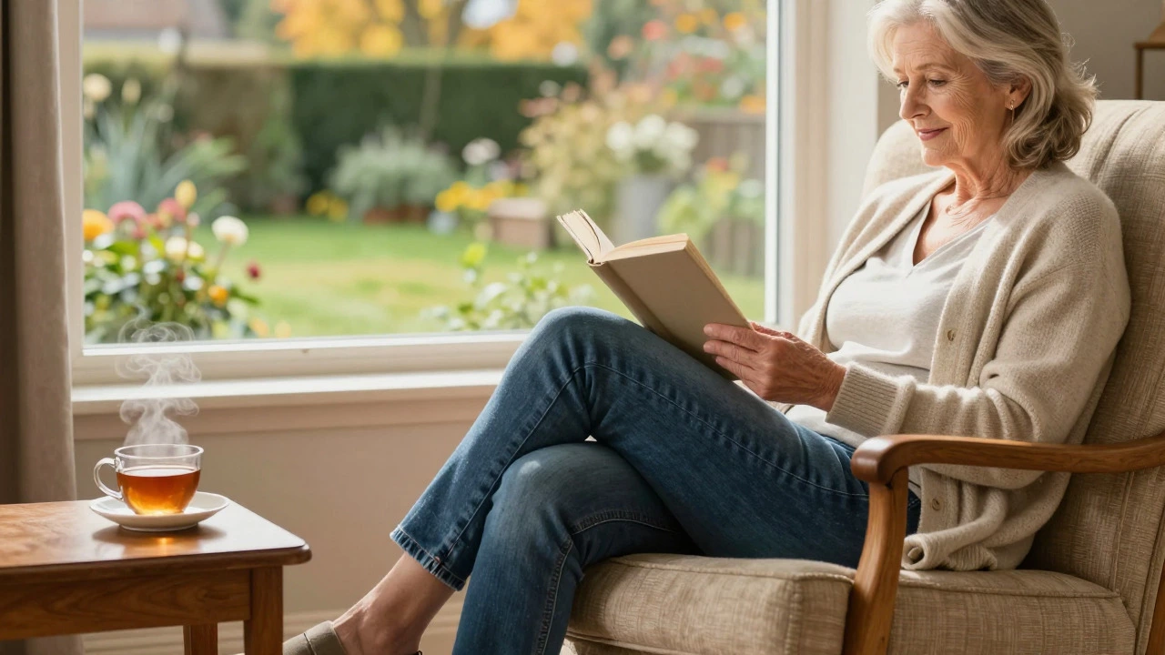 Comfortable older woman relaxing at home in pull-on jeans