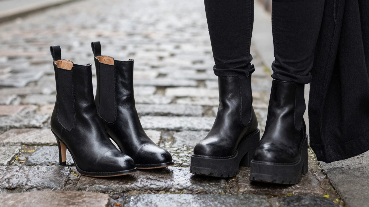 Comparison of sleek Chelsea boots versus bulky platform boots on wet cobblestones