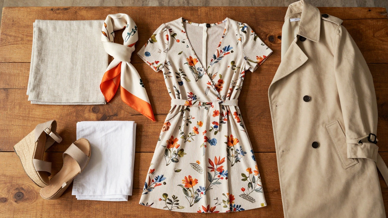 Flat lay of summer dresses, linen, and layering accessories